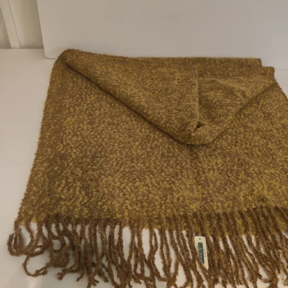 Cole Street Long Winter Scarf in Dressy Golds and Yellows. Unknown Fiber Soft
